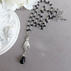 Victorian Hand Necklace, Gothic Jewelry, Black Goth Wedding, Retro Vintage Style, Rosary Bead Gift for Her, Girlfriend Gift