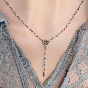 Rainbow Moonstone Y Necklace: Gothic Rosary Bead Choker