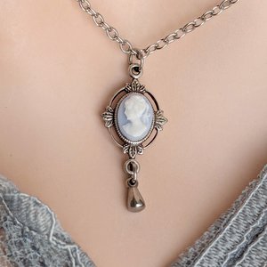 Dainty Blue & White Cameo Necklace, Silver Vintage Leaf Design Pendant, Victorian Style Jewelry, Historical Costume