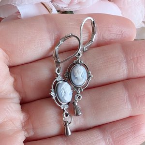 Dainty Blue & White Cameo Earrings, Silver Vintage Leaf Design Pendants, Victorian Style Jewelry, Regency Earrings, Historical Costume
