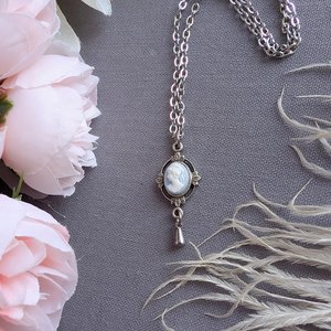 Dainty Blue & White Cameo Necklace, Silver Vintage Leaf Design Pendant, Victorian Style Jewelry, Historical Costume