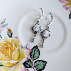 Dainty Blue & White Cameo Earrings, Silver Vintage Leaf Design Pendants, Victorian Style Jewelry, Regency Earrings, Historical Costume