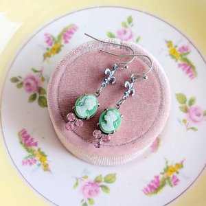 Green Cameo Earrings with Fleur de Lis and Pink Crystals, Vintage Style Jewelry Gift