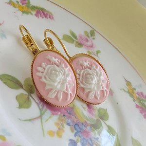 Pink Rose Cameo Leverback Earrings: Victorian Style Floral Jewelry