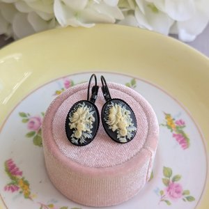 Ivory Flower Cameo Earrings: Black Vintage Gothic Style, Lever Back