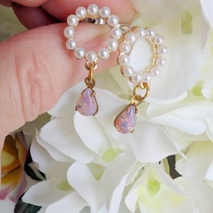 Pearl Halo Earrings: Pink Fire Opal Teardrop, Stainless Steel Posts, Vintage Style