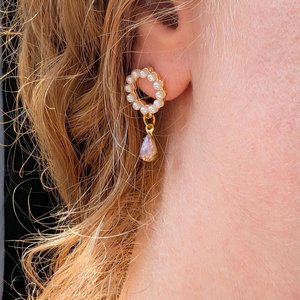 Pearl Halo Earrings: Pink Fire Opal Teardrop, Stainless Steel Posts, Vintage Style