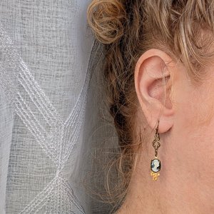 Victorian Style Cameo Earrings, White on Black with Antiqued Brass and Cognac Crystal Accents