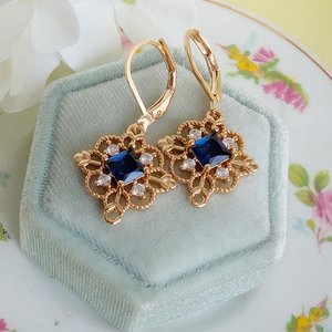 Gold Plated Filigree Dangle Earrings, Vintage Style Drop Earrings with Red, Green or Blue Cubic Zirconia