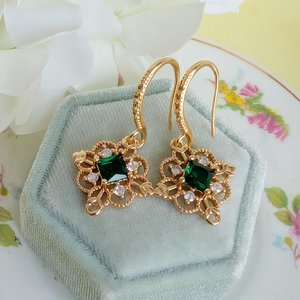 Gold Plated Filigree Dangle Earrings, Vintage Style Drop Earrings with Red, Green or Blue Cubic Zirconia