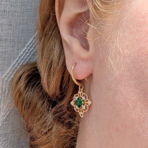 Gold Plated Filigree Dangle Earrings, Vintage Style Drop Earrings with Red, Green or Blue Cubic Zirconia