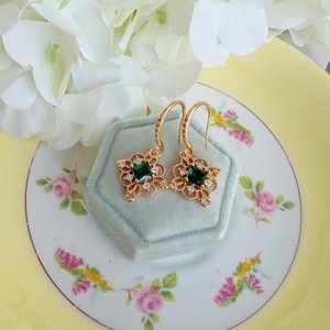 Gold Plated Filigree Dangle Earrings, Vintage Style Drop Earrings with Red, Green or Blue Cubic Zirconia