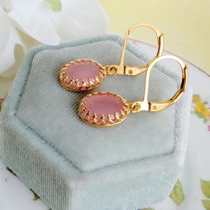 Gold Plated Crown Bezel Earrings with Pink Cat’s Eye Stones, Elegant Vintage Inspired Jewelry