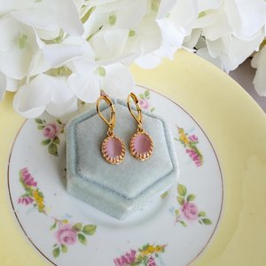 Gold Plated Crown Bezel Earrings with Pink Cat’s Eye Stones, Elegant Vintage Inspired Jewelry