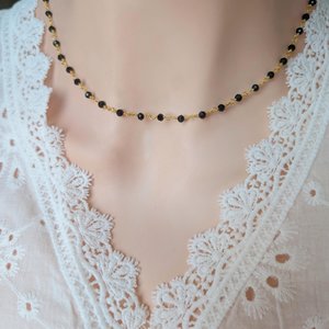 Black Beaded Rosary Chain Choker Necklace, Golden Brass Vintage Style Jewelry