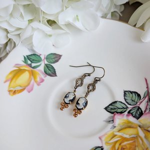 Victorian Style Cameo Earrings, White on Black with Antiqued Brass and Cognac Crystal Accents