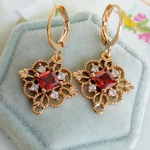 Gold Plated Filigree Dangle Earrings, Vintage Style Drop Earrings with Red, Green or Blue Cubic Zirconia