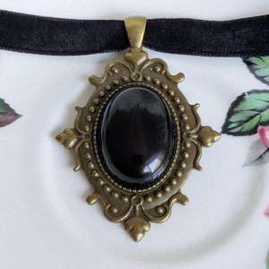 Black Obsidian Gothic Choker Necklace – Oval Stone Pendant in Bronze or Silver Vintage Setting on Black Velvet Ribbon