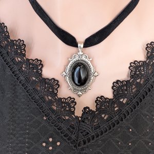 Gothic Black Obsidian Choker Necklace – Oval Stone Pendant in Silver Vintage Setting on Black Velvet Ribbon