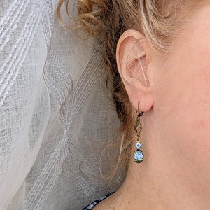 Blue Flower Limoges Style Earrings – Antiqued Brass with Czech Crystal Accents, Victorian Jewelry for Historical Fiction Lover