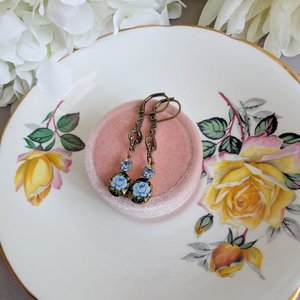 Blue Flower Limoges Style Earrings – Antiqued Brass with Czech Crystal Accents, Victorian Jewelry for Historical Fiction Lover
