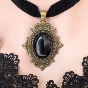 Black Obsidian Gothic Choker Necklace – Oval Stone Pendant in Bronze or Silver Vintage Setting on Black Velvet Ribbon