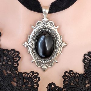 Black Obsidian Gothic Choker Necklace – Oval Stone Pendant in Bronze or Silver Vintage Setting on Black Velvet Ribbon