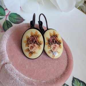 Limoges Inspired Rose Earrings, Vintage Floral Lever Back Earrings in Brass, Silver or Matte Black
