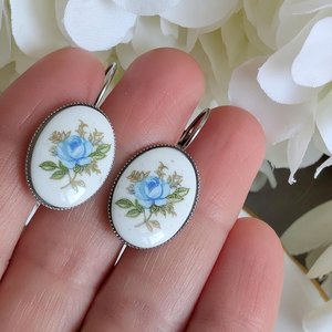 Limoges Inspired Blue Rose Earrings, Vintage Floral Lever Back Earrings in Brass, Silver or Matte Black
