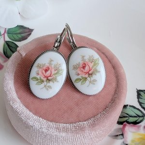 Limoges Inspired Pink Rose Earrings, Vintage Floral Lever Back Earrings in Brass, Silver or Matte Black