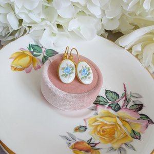 Limoges Inspired Blue Rose Earrings, Vintage Floral Lever Back Earrings in Brass, Silver or Matte Black