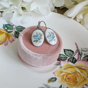 Limoges Inspired Blue Rose Earrings, Vintage Floral Lever Back Earrings in Brass, Silver or Matte Black
