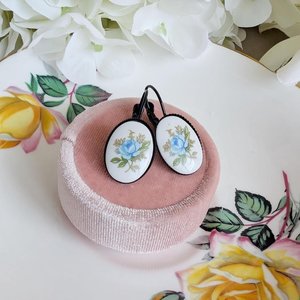 Limoges Inspired Blue Rose Earrings, Vintage Floral Lever Back Earrings in Brass, Silver or Matte Black