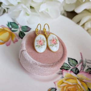 Limoges Inspired Pink Rose Earrings, Vintage Floral Lever Back Earrings in Brass, Silver or Matte Black