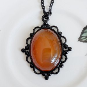 Oval Carnelian Necklace, Gothic Lacy Black Pendant, Natural Red Gemstone, Vintage Inspired Jewelry