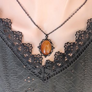 Oval Carnelian Necklace, Gothic Lacy Black Pendant, Natural Red Gemstone, Vintage Inspired Jewelry