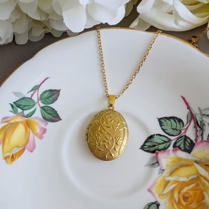 Embossed Vine Oval Locket Necklace, Vintage Style Brass Pendant