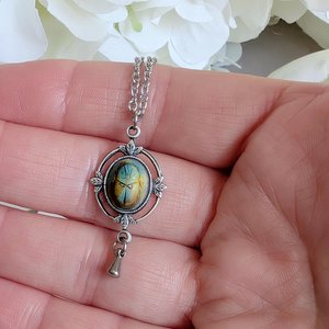 Scarab Necklace with Silver Ox Leaf Frame Pendant, Art Deco Jewelry with Egyptian Inspiration