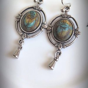 Scarab Earrings with Silver Ox Leaf Frame Pendants, Art Deco Jewelry with Egyptian Inspiration