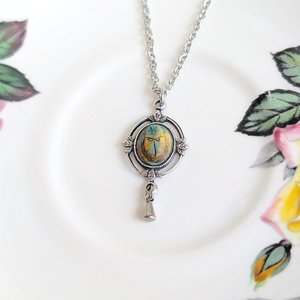 Scarab Necklace with Silver Ox Leaf Frame Pendant, Art Deco Jewelry with Egyptian Inspiration