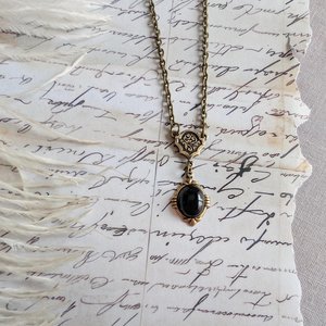 Onyx Necklace in Antiqued Brass, Historical Costume Jewelry, Black Stone Pendant