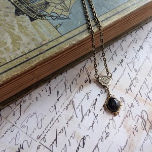 Onyx Necklace in Antiqued Brass, Historical Costume Jewelry, Black Stone Pendant