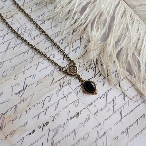 Onyx Necklace in Antiqued Brass, Historical Costume Jewelry, Black Stone Pendant