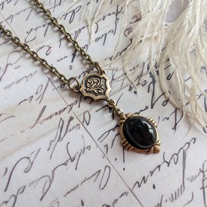 Onyx Necklace in Antiqued Brass, Historical Costume Jewelry, Black Stone Pendant