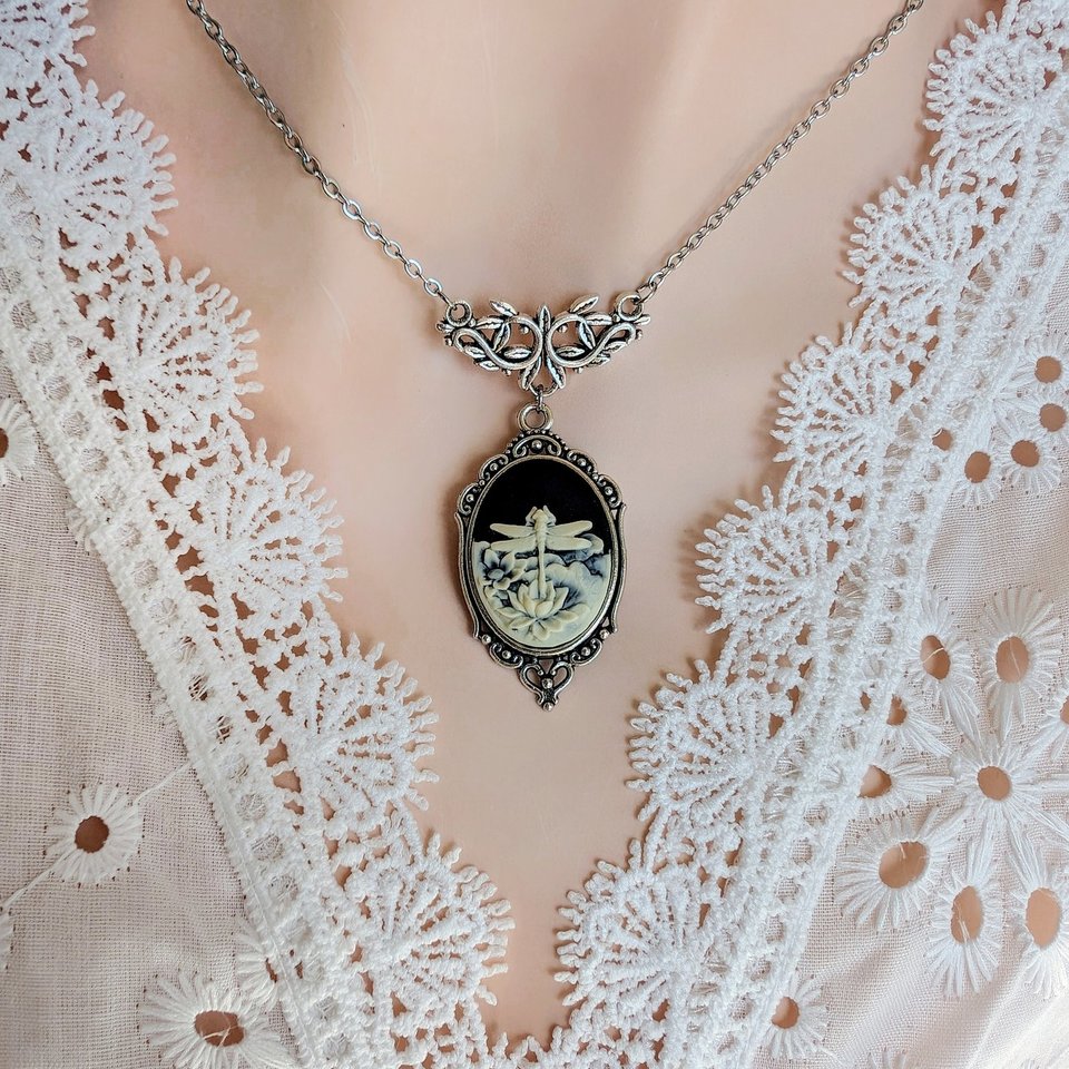 Dragonfly Cameo Necklace, Victorian Jewelry