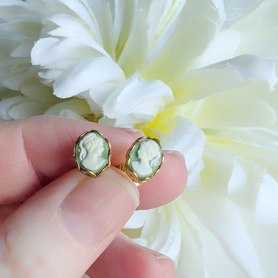 Tiny Cameo Earrings, Green and Ivory Studs, Gold Plated Stainless Steel Hypoallergenic Post, Vintage Style Cameo Jewelry, Historical Costume