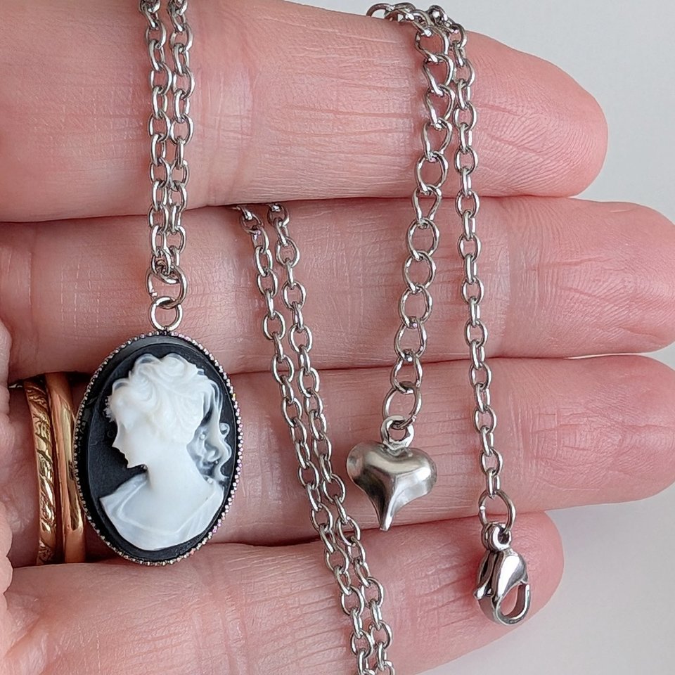 Black Cameo Necklace, Vintage Inspired Cameo Pendant, Victorian Wedding Accessories for Bride, Stainless Steel 