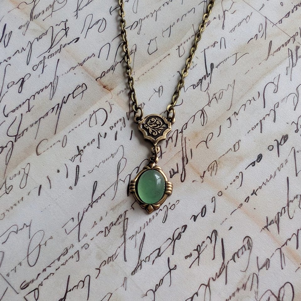 Aventurine Necklace in Antiqued Brass, Historical Costume Jewelry, Green Stone Pendant
