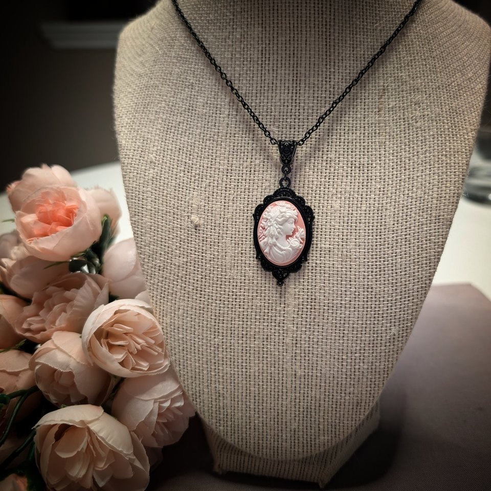 Pastel Goth Cameo Necklace, Pink Vintage Portrait in Black Pendant, Gift for Girlfriend