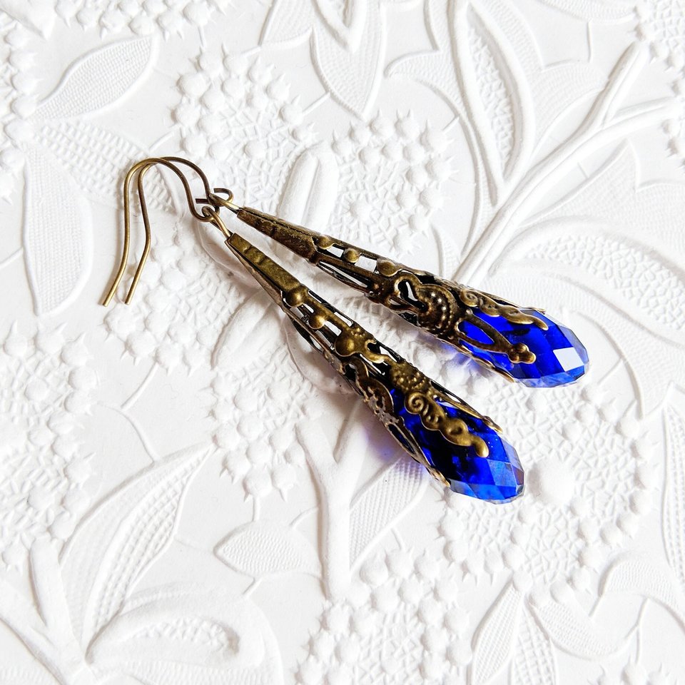 Antique Style Earrings, Long Blue Earrings, Vintage Inspired Jewelry, September Birthday Gift For Her